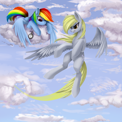 Size: 2700x2700 | Tagged: safe, artist:santagiera, derpy hooves, rainbow dash, pegasus, pony, angry, cloud, cloudy, female, flying, mare, timer