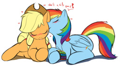 Size: 972x536 | Tagged: safe, artist:0r0ch1, derpibooru import, edit, applejack, rainbow dash, earth pony, pegasus, pony, appledash, blushing, bracelet, cute, eyes closed, female, heart, kissing, lesbian, nuzzling, prone, shipping, smiling, whispering, who's a silly pony