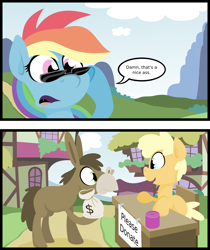 Size: 2998x3565 | Tagged: dead source, safe, artist:jittery-the-dragon, derpibooru import, rainbow dash, oc, donkey, pegasus, pony, bait and switch, charity, comic, eye contact, innocent innuendo, looking at each other, money, money bag, open mouth, pun, smiling, sunglasses, table, visual pun, vulgar, wide eyes