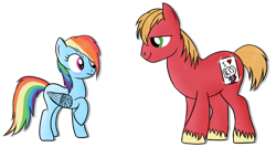 Size: 750x400 | Tagged: safe, artist:karmadash, big macintosh, rainbow dash, earth pony, pegasus, pony, blushing, heart, male, note, rainbowmac, raised leg, shipping, smiling, stallion, straight