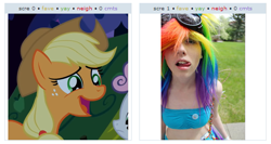 Size: 537x285 | Tagged: safe, derpibooru import, applejack, rainbow dash, earth pony, pony, appledash, cosplay, exploitable meme, female, juxtaposition, juxtaposition win, lesbian, meme, shipping, want