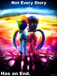 Size: 1807x2412 | Tagged: safe, artist:sharpieboss, rainbow dash, twilight sparkle, unicorn twilight, pegasus, pony, unicorn, backlighting, cobblestone street, color porn, featureless crotch, female, hug, lesbian, mare, pair, plot, plot pair, rainbow, rear view, shipping, surreal, twidash, underhoof, winghug