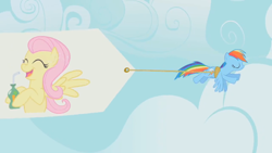 Size: 1600x900 | Tagged: safe, derpibooru import, screencap, fluttershy, rainbow dash, pegasus, pony, green isn't your color, banner, carrot, carrot juice, flying