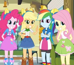 Size: 400x350 | Tagged: safe, derpibooru import, screencap, applejack, fluttershy, pinkie pie, rainbow dash, equestria girls, equestria girls (movie), ears, smiling, thumbs up, wondercolts