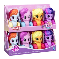 Size: 650x650 | Tagged: safe, derpibooru import, applejack, pinkie pie, rainbow dash, twilight sparkle, twilight sparkle (alicorn), alicorn, earth pony, original species, pegasus, pony, official, playskool, toy, wheel pals, wheelpone