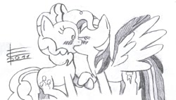 Size: 1103x628 | Tagged: safe, artist:crade, derpibooru import, pinkie pie, rainbow dash, earth pony, pegasus, pony, female, kissing, lesbian, monochrome, pinkiedash, shipping