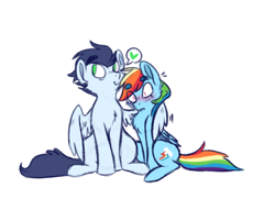 Size: 708x540 | Tagged: safe, artist:flower-power-love, rainbow dash, soarin', pegasus, pony, blushing, chest fluff, cute, cutie mark, daaaaaaaaaaaw, female, heart, hug, looking up, love, male, shipping, sitting, smiling, soarinbetes, soarindash, straight, surprised, thick eyebrows, thought bubble, winghug, wings