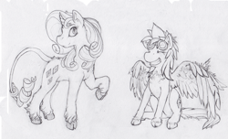 Size: 900x546 | Tagged: safe, artist:thepingaslord, rainbow dash, rarity, classical unicorn, pegasus, pony, unicorn, cloven hooves, goggles, leonine tail, monochrome, sitting, traditional art, unshorn fetlocks