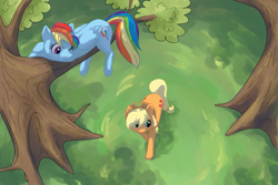 Size: 1125x750 | Tagged: safe, artist:kallarmo, derpibooru import, applejack, rainbow dash, earth pony, pegasus, pony, tree, vertigo