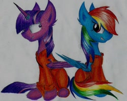 Size: 1024x814 | Tagged: safe, artist:acridie, rainbow dash, twilight sparkle, twilight sparkle (alicorn), alicorn, pegasus, pony, clothes, duo, female, grin, horn ring, insanity, magic suppression, mare, prison outfit, prisoner, prisoner rd, prisoner ts, smiling, traditional art, watercolor painting