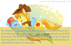 Size: 900x585 | Tagged: safe, artist:flow3r-child, braeburn, rainbow dash, earth pony, pegasus, pony, braedash, diverse-mlp-headcanons, ear piercing, female, genderqueer, headcanon, male, shipping, straight, text, transgender