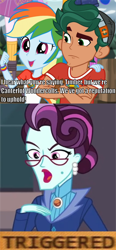 Size: 1152x2490 | Tagged: safe, derpibooru import, edit, edited screencap, screencap, principal abacus cinch, rainbow dash, timber spruce, equestria girls, friendship games, legend of everfree, meme, reputation, text, triggered