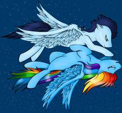 Size: 931x859 | Tagged: source needed, safe, artist:tinuleaf, rainbow dash, soarin', pegasus, pony, blank flank, eyes closed, female, flying, male, night, shipping, smiling, soarindash, straight, upside down