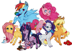 Size: 800x573 | Tagged: safe, artist:urukins, derpibooru import, applejack, fluttershy, pinkie pie, rainbow dash, rarity, twilight sparkle, earth pony, pegasus, pony, unicorn, mane six