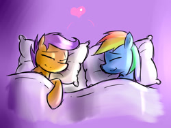 Size: 800x600 | Tagged: safe, artist:starykrow, rainbow dash, scootaloo, pegasus, pony, bed, heart, scootalove, sleeping