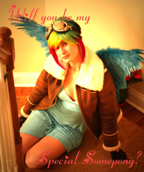 Size: 820x974 | Tagged: safe, artist:hikaru2322, rainbow dash, human, clothes, cosplay, goggles, irl, irl human, jacket, photo, solo, text