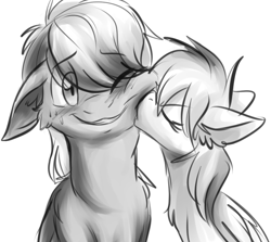 Size: 915x816 | Tagged: safe, artist:fizzy-dog, dumbbell, rainbow dash, pegasus, pony, cute, dumbdash, female, kissing, male, monochrome, shipping, straight, sweat, sweatdrop, tsundere