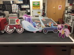 Size: 960x720 | Tagged: safe, artist:pink1ejack, artist:ramivic, artist:reginault, derpibooru import, applejack, cheerilee, rainbow dash, rarity, earth pony, pegasus, pony, swan, unicorn, the cart before the ponies, cardboard, cart, cheerileeder, cheerleader, cheerleader outfit, cutout, derby racers, diecut, hot rod, old fashioned, solo, swanlestia cart