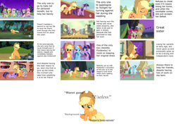 Size: 1214x902 | Tagged: safe, derpibooru import, edit, edited screencap, screencap, apple bloom, applejack, bon bon, carrot top, fluttershy, golden harvest, minuette, pinkie pie, rainbow dash, rarity, spike, sweetie drops, twilight sparkle, dragon, earth pony, pegasus, pony, timber wolf, unicorn, a canterlot wedding, dragonshy, spike at your service, suited for success, the last roundup, /mlp/, 4chan, character defense, defense, ei, female, grand galloping gala, hub logo, mane six, mare, text, worst pony