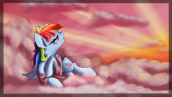 Size: 1600x900 | Tagged: safe, artist:rulsis, rainbow dash, pegasus, pony, :o, clothes, cloud, cloudy, crying, on side, sad, sky, solo, sunset