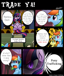 Size: 1500x1780 | Tagged: safe, artist:vavacung, rainbow dash, twilight sparkle, twilight sparkle (alicorn), alicorn, pegasus, pony, trade ya, cape, clothes, comic, ermine, female, gavel, human trafficking, implied slavery, judge, judgement, justice, mare, new crown, pixiv, pony trafficking, slavery