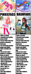 Size: 1230x2869 | Tagged: safe, derpibooru import, pinkie pie, rainbow dash, earth pony, pony, /mlp/, 4chan, comparison, comparison trolling, cosplay, fan, jessica nigri, op is trying to start shit, ponyfags