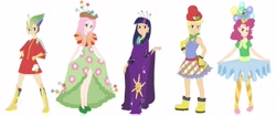 Size: 3800x1600 | Tagged: safe, artist:thelivingmachine02, derpibooru import, applejack, fluttershy, pinkie pie, rainbow dash, twilight sparkle, suited for success, clothes, dress, gala dress, humanized, skirt