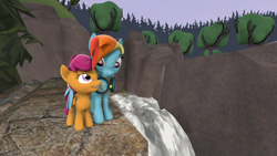 Size: 2560x1440 | Tagged: safe, artist:asylum529, derpibooru import, rainbow dash, scootaloo, pegasus, pony, 3d, cliff, hug, scootalove, source filmmaker, waterfall, winghug