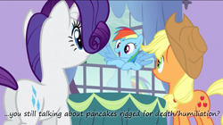 Size: 1064x596 | Tagged: safe, derpibooru import, edit, edited screencap, screencap, applejack, rainbow dash, rarity, earth pony, pegasus, pony, unicorn, spike at your service, butt, implied death, insane pony thread, it's a trap, pancakes, plot, tumblr, window