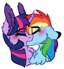 Size: 219x238 | Tagged: safe, artist:saphi-boo, derpibooru import, rainbow dash, twilight sparkle, pegasus, pony, blushing, eyes closed, female, floppy ears, fluffy, kissing, lesbian, mare, shipping, simple background, transparent background, twidash