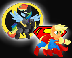 Size: 1958x1591 | Tagged: safe, artist:blackbewhite2k7, derpibooru import, applejack, rainbow dash, earth pony, pegasus, pony, app-el, batdash, batman, batmare, crossover, dc comics, duo, logo, parody, superhero, superjack, superman, supermare