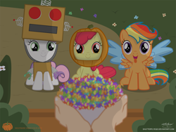 Size: 2571x1934 | Tagged: safe, artist:shutterflyeqd, derpibooru import, apple bloom, rainbow dash, scootaloo, sweetie belle, sweetie bot, human, pegasus, pony, robot, adorabloom, candy, clothes, costume, cute, cutealoo, cutie mark crusaders, diasweetes, female, flower, food, grass, halloween, halloween costume, looking at you, mare, nightmare night, nightmare night costume, offscreen character, pov, pumpkin, shutterflyeqd is trying to murder us, smiling, tongue out