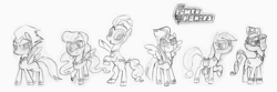 Size: 1607x536 | Tagged: safe, artist:syggie, derpibooru import, applejack, fili-second, fluttershy, masked matter-horn, mistress marevelous, pinkie pie, radiance, rainbow dash, rarity, saddle rager, twilight sparkle, twilight sparkle (alicorn), zapp, alicorn, earth pony, pegasus, pony, unicorn, season 4, female, goggles, mare, monochrome, power ponies, speculation