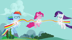 Size: 640x360 | Tagged: safe, derpibooru import, screencap, pinkie pie, rainbow dash, rarity, earth pony, pegasus, pony, unicorn, keep calm and flutter on, elements of harmony