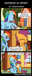 Size: 850x2000 | Tagged: safe, artist:drawponies, rainbow dash, scootaloo, pegasus, pony, caught, clubhouse, comic, crusaders clubhouse, cute, duo, feels, female, filly, heartwarming, hug, mare, plushie, scootalove, self plushidox, sweet dreams fuel, winghug