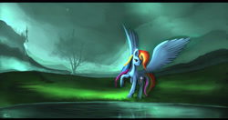 Size: 5041x2664 | Tagged: safe, artist:auroriia, derpibooru import, rainbow dash, pegasus, pony, canterlot, large wings, looking at you, scenery, solo, spread wings