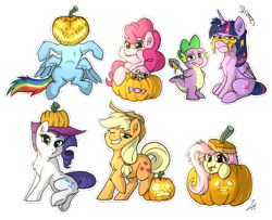 Size: 1600x1300 | Tagged: safe, artist:shimazun, derpibooru import, applejack, fluttershy, pinkie pie, rainbow dash, rarity, spike, twilight sparkle, twilight sparkle (alicorn), alicorn, bat pony, pony, chest fluff, flutterbat, jack-o-lantern, mane six, pumpkin, pumpkin bucket, race swap, simple background, transparent background, twilight is not amused, unamused