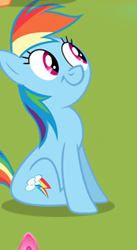 Size: 174x318 | Tagged: safe, rainbow dash, earth pony, pegasus, pony, animation error, faic, female, grass, hubworld.com, mare, rainbow dash is best facemaker, sitting, solo, wat, wingless