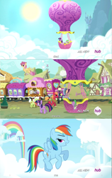 Size: 1441x2287 | Tagged: safe, screencap, big macintosh, chelsea porcelain, derpy hooves, geri, granny smith, mr. waddle, rainbow dash, spike, twilight sparkle, dragon, earth pony, pegasus, pony, hot air balloon, hub logo, intro, male, meme, stallion, twinkling balloon, youtube caption