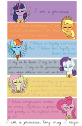 Size: 800x1236 | Tagged: safe, artist:rhodecyl, derpibooru import, applejack, fluttershy, pinkie pie, rainbow dash, rarity, twilight sparkle, twilight sparkle (alicorn), alicorn, earth pony, pegasus, pony, unicorn, comic, element of generosity, element of honesty, element of kindness, element of laughter, element of loyalty, elements of harmony, female, mare