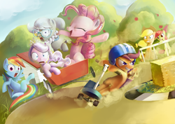 Size: 3507x2480 | Tagged: safe, artist:gashiboka, derpibooru import, apple bloom, applejack, diamond tiara, pinkie pie, rainbow dash, scootaloo, silver spoon, earth pony, pegasus, pony, action pose, cart, cutie mark crusaders, race, riding, scooter