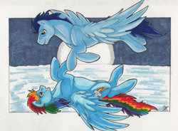 Size: 3167x2334 | Tagged: safe, artist:stormblaze-pegasus, derpibooru import, rainbow dash, soarin', pegasus, pony, flying, male, moon, shipping, soarindash, straight