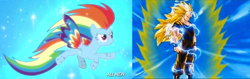 Size: 2000x632 | Tagged: safe, screencap, rainbow dash, pegasus, pony, anime, comparison, crossover, dragon ball z, goku, look-alike, super saiyan 3