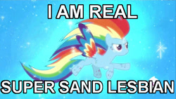 Size: 576x324 | Tagged: safe, screencap, rainbow dash, pegasus, pony, twilight's kingdom, dragon ball, dragon ball z, dragonzball p, dragonzball peepee, female, grammar error, image macro, lesbian, meme, op was right, pun, rainbow power, solo, super saiyan, super saiyan princess