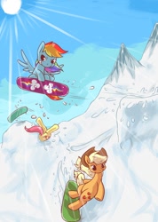 Size: 854x1200 | Tagged: safe, artist:rigi, derpibooru import, applejack, fluttershy, rainbow dash, earth pony, pegasus, pony, action pose, custom, snow, snowboard