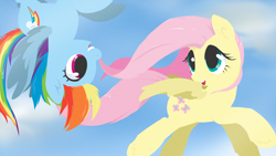 Size: 1920x1080 | Tagged: safe, artist:oneeyedsheep, fluttershy, rainbow dash, pegasus, pony, eye contact, flying, open mouth, smiling, spread wings, upside down, wallpaper