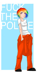 Size: 402x750 | Tagged: safe, artist:tao-mell, rainbow dash, human, clothes, fuck the police, humanized, prison outfit, prisoner, prisoner rd, solo, vulgar