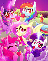 Size: 1800x2300 | Tagged: safe, artist:siggie740, derpibooru import, applejack, fluttershy, pinkie pie, rainbow dash, rarity, twilight sparkle, twilight sparkle (alicorn), alicorn, bat pony, bat pony alicorn, pony, alicornified, apple, apple tree, bucket, d:, flutterbat, food, magic, mane six, night, pinkiebat, race swap, rainbowbat, raribat, raricorn, stars, telekinesis, twibat