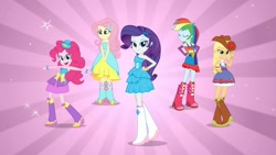 Size: 1920x1080 | Tagged: safe, derpibooru import, screencap, applejack, fluttershy, pinkie pie, rainbow dash, rarity, equestria girls, equestria girls (movie), bare shoulders, boots, cowboy boots, fall formal outfits, high heel boots, humane five, sleeveless, strapless