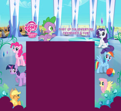 Size: 1600x1462 | Tagged: safe, derpibooru import, applejack, fluttershy, pinkie pie, rainbow dash, rarity, spike, twilight sparkle, dragon, earth pony, pegasus, pony, unicorn, beach ball, crystal empire, hubworld, mane seven, mane six, my little pony logo, official